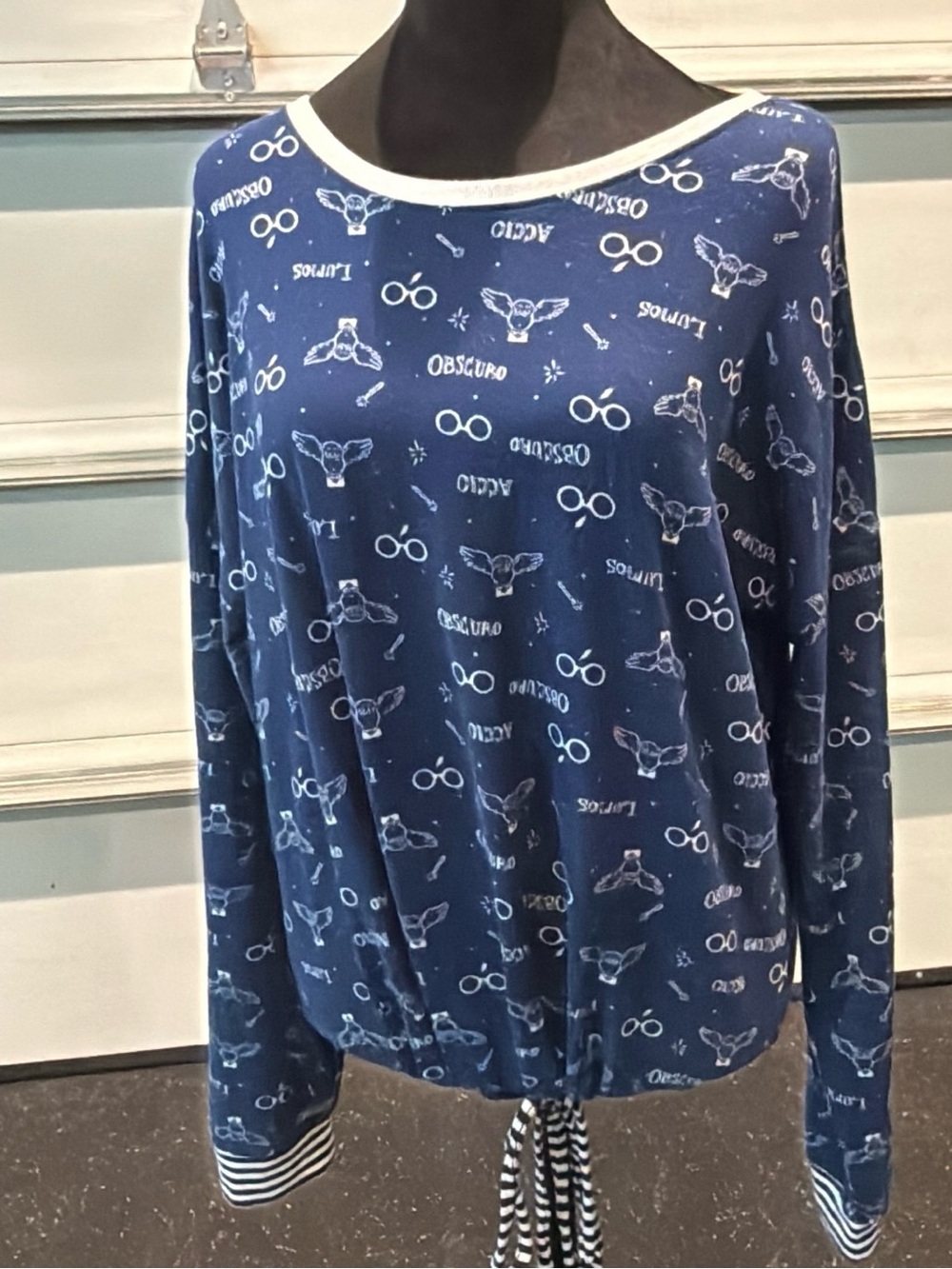 Women's Navy Blue Printed Drawstring Hem Long-Sleeve Top and pants set